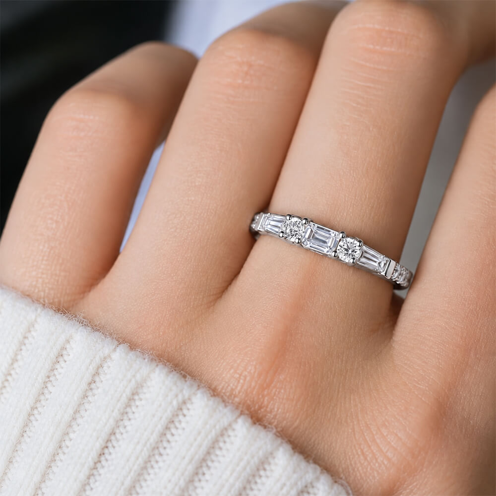 Classic Baguette & Round Cut White Half Eternity Wedding Band For Women