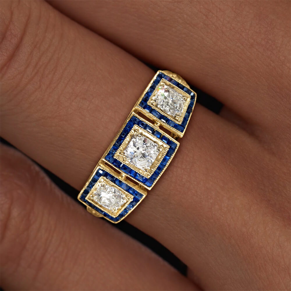 Vintage Halo Three Stone Yellow Gold Round Cut Blue & White Sapphire Engagement Ring