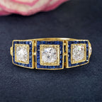 Vintage Halo Three Stone Yellow Gold Round Cut Blue & White Sapphire Engagement Ring