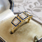 Vintage Halo Three Stone Yellow Gold Round Cut Blue & White Sapphire Engagement Ring