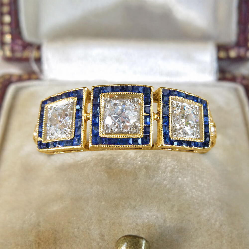 Vintage Halo Three Stone Yellow Gold Round Cut Blue & White Sapphire Engagement Ring