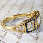 Vintage Halo Three Stone Yellow Gold Round Cut Blue & White Sapphire Engagement Ring