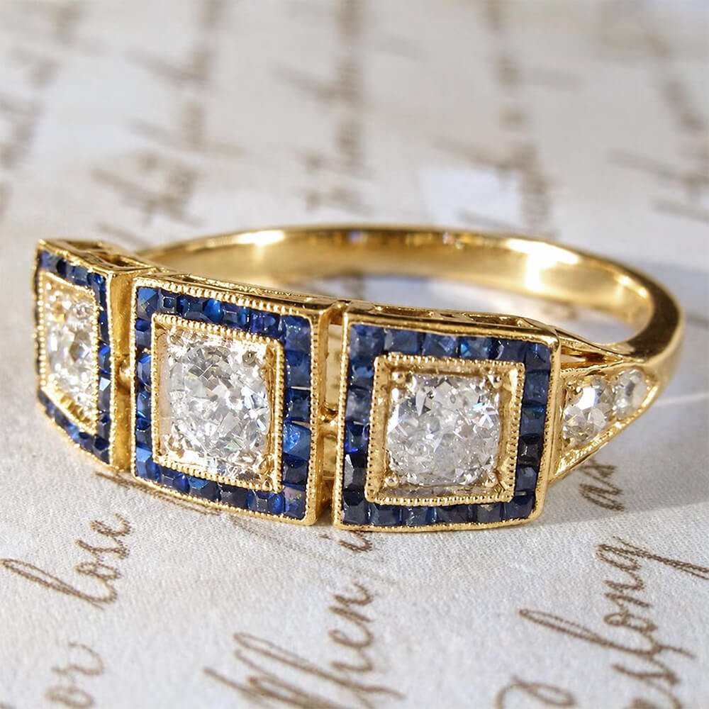 Vintage Halo Three Stone Yellow Gold Round Cut Blue & White Sapphire Engagement Ring