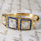 Vintage Halo Three Stone Yellow Gold Round Cut Blue & White Sapphire Engagement Ring
