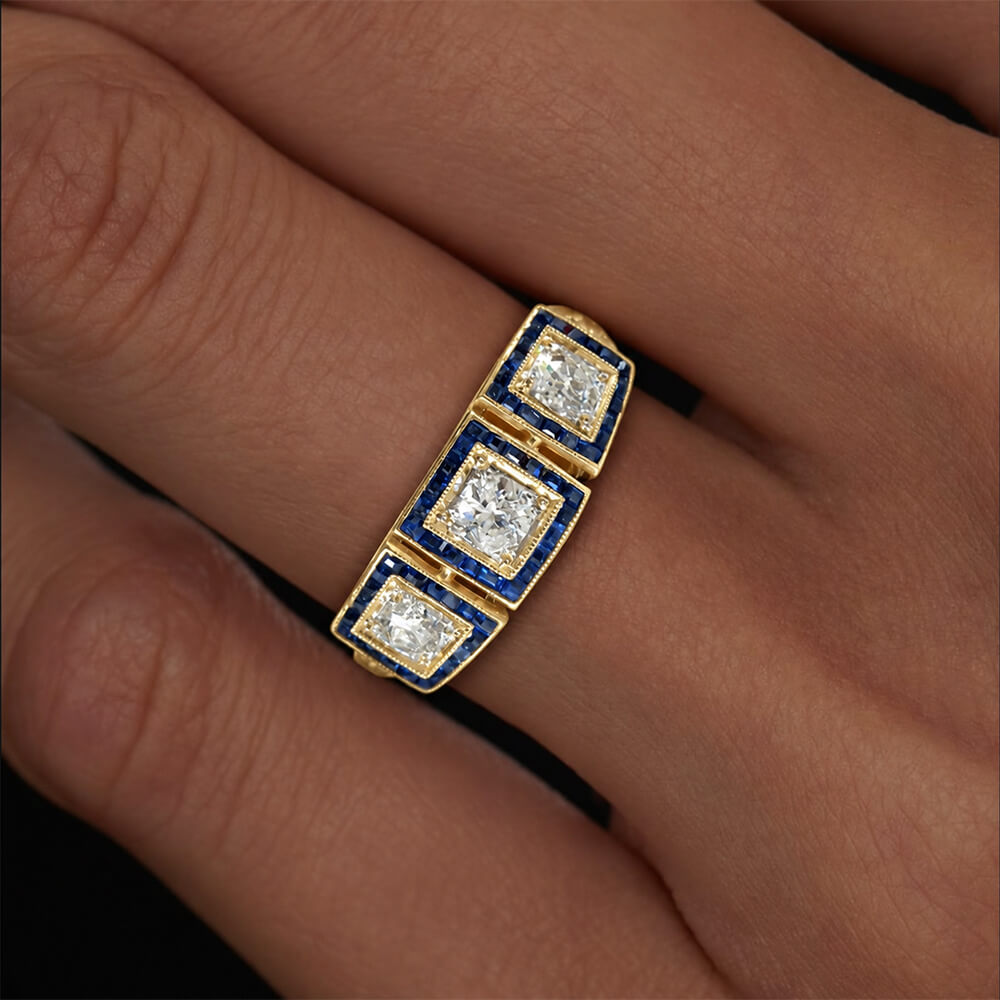 Vintage Halo Three Stone Yellow Gold Round Cut Blue & White Sapphire Engagement Ring