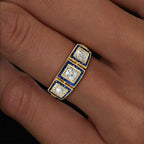 Vintage Halo Three Stone Yellow Gold Round Cut Blue & White Sapphire Engagement Ring