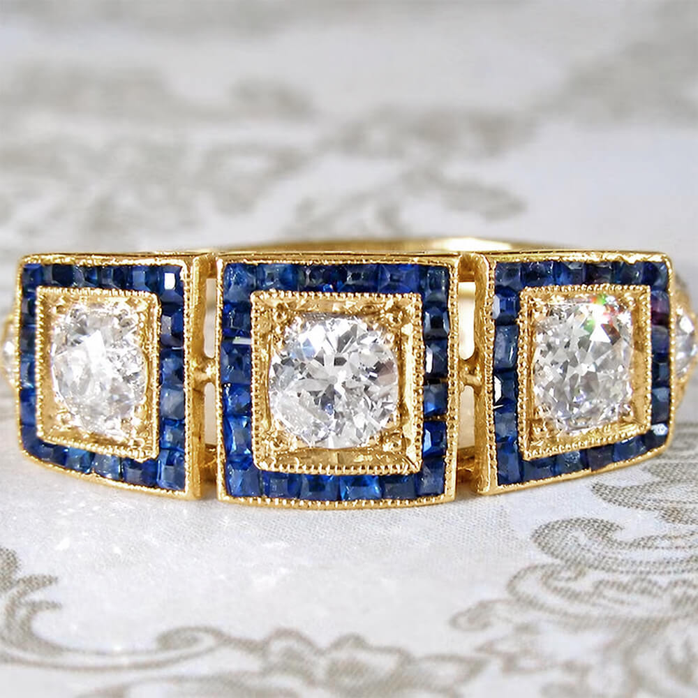 Vintage Halo Three Stone Yellow Gold Round Cut Blue & White Sapphire Engagement Ring