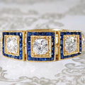 Vintage Halo Three Stone Yellow Gold Round Cut Blue & White Sapphire Engagement Ring