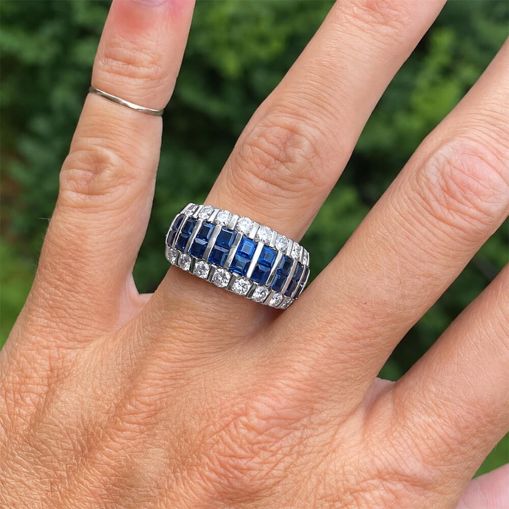 Art Deco Multi Row Channel Asscher & Round Cut Blue & White Sapphire Half Eternity Wedding Band For Women