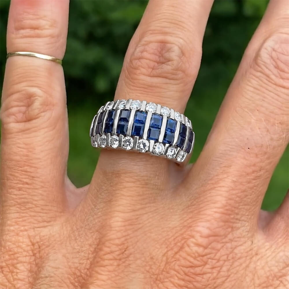 Art Deco Multi Row Channel Asscher & Round Cut Blue & White Sapphire Half Eternity Wedding Band For Women