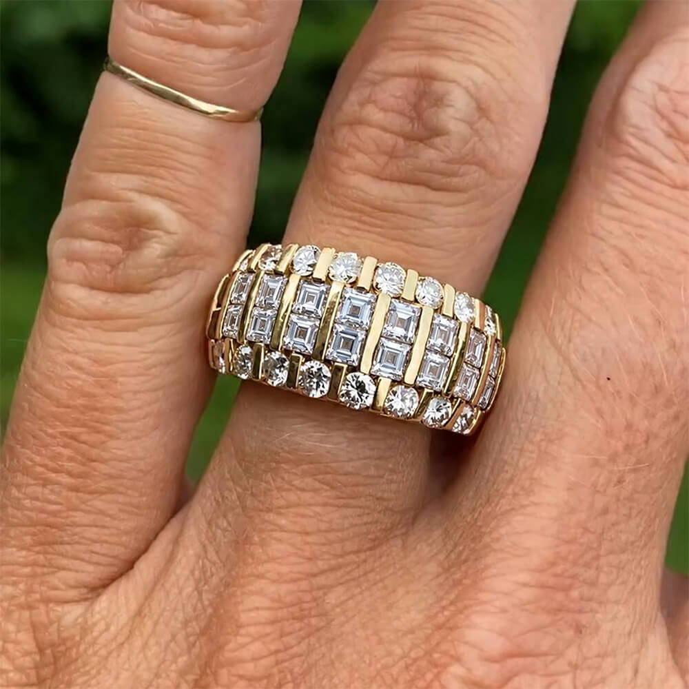 Luxury Jewelry Yellow Gold Multi Row Asscher & Round Cut White Sapphire Half Eternity Wedding Band For Women