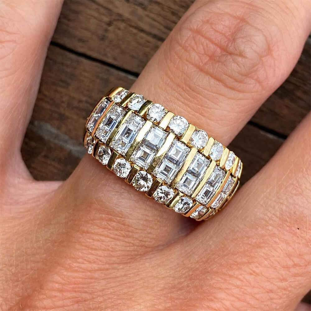 Luxury Jewelry Yellow Gold Multi Row Asscher & Round Cut White Sapphire Half Eternity Wedding Band For Women