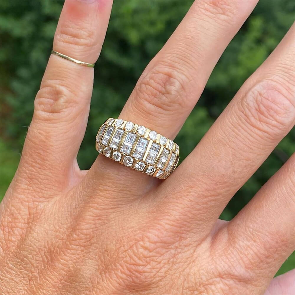 Luxury Jewelry Yellow Gold Multi Row Asscher & Round Cut White Sapphire Half Eternity Wedding Band For Women