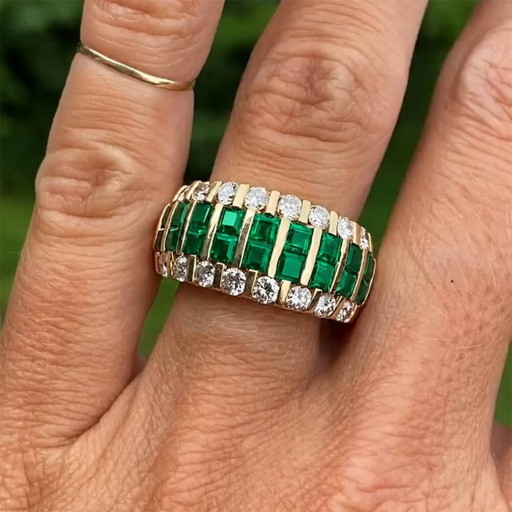 Multi Row Yellow Gold Asscher Cut Emerald Sapphire Half Eternity Wedding Band For Women