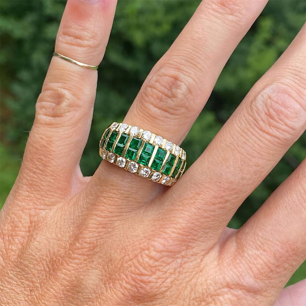 Multi Row Yellow Gold Asscher Cut Emerald Sapphire Half Eternity Wedding Band For Women