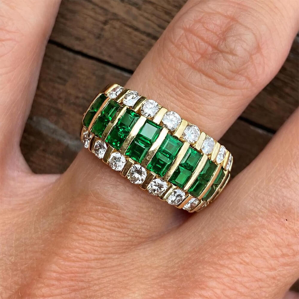 Multi Row Yellow Gold Asscher Cut Emerald Sapphire Half Eternity Wedding Band For Women