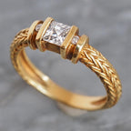 Vintage Three Stone Yellow Gold Channel Setting Asscher Cut White Sapphire Engagement Ring