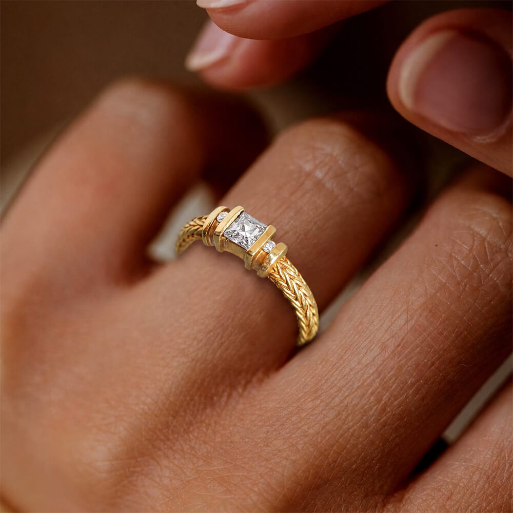 Vintage Three Stone Yellow Gold Channel Setting Asscher Cut White Sapphire Engagement Ring