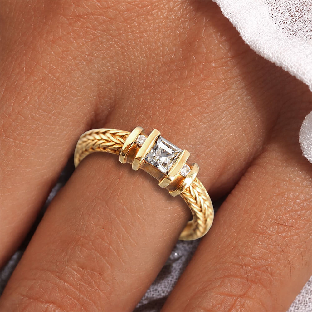 Vintage Three Stone Yellow Gold Channel Setting Asscher Cut White Sapphire Engagement Ring