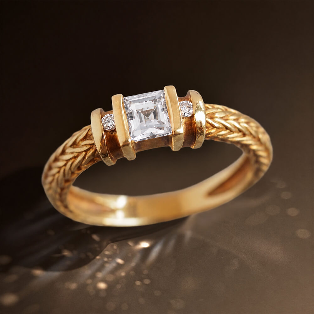 Vintage Three Stone Yellow Gold Channel Setting Asscher Cut White Sapphire Engagement Ring