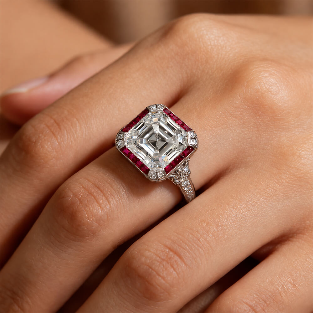Vintage Art Deco Halo Asscher Cut White & Ruby Sapphire Engagement Ring