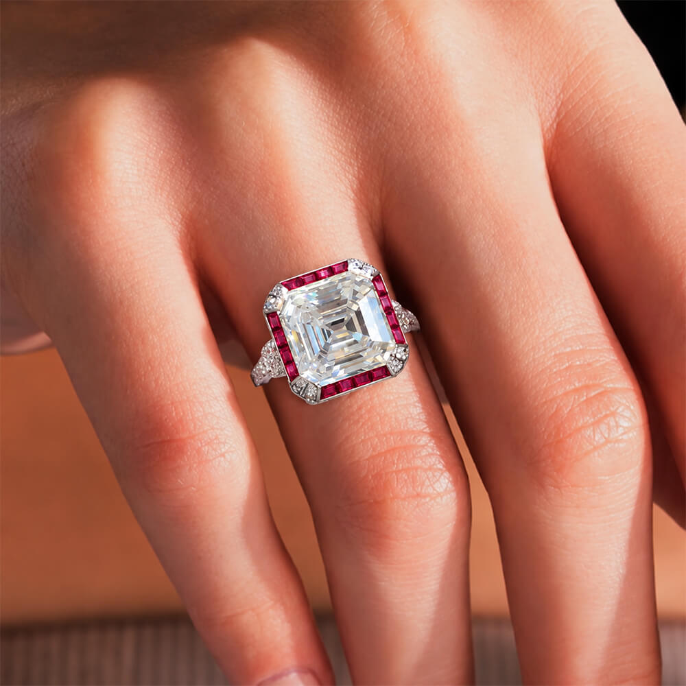 Vintage Art Deco Halo Asscher Cut White & Ruby Sapphire Engagement Ring