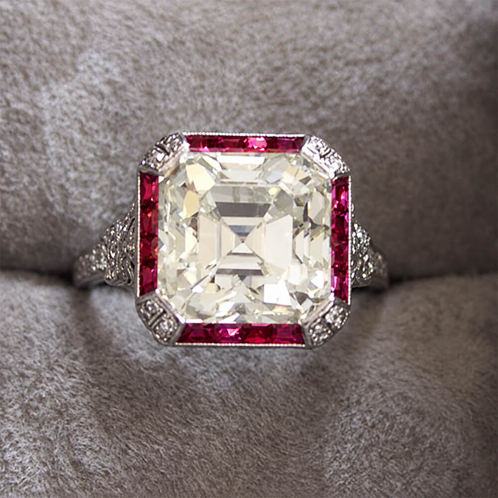 Vintage Art Deco Halo Asscher Cut White & Ruby Sapphire Engagement Ring