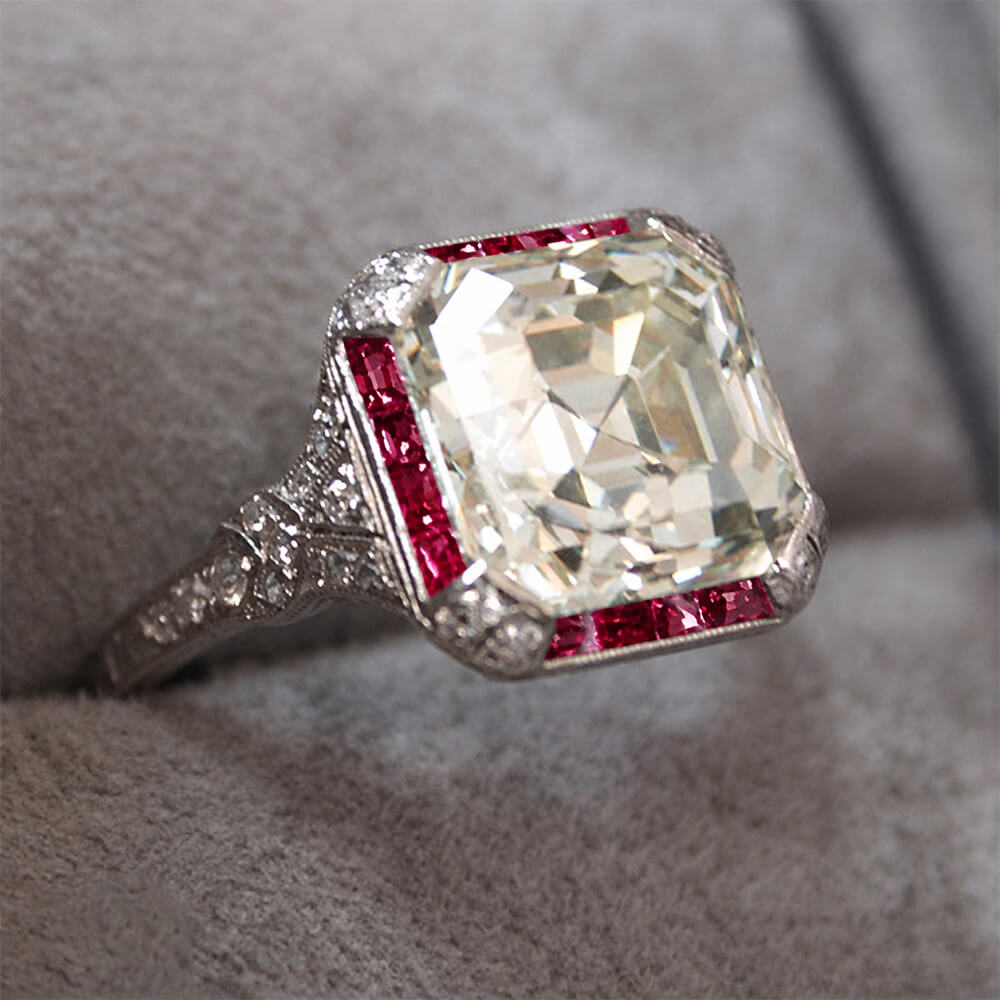 Vintage Art Deco Halo Asscher Cut White & Ruby Sapphire Engagement Ring