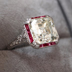 Vintage Art Deco Halo Asscher Cut White & Ruby Sapphire Engagement Ring