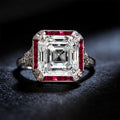 Vintage Art Deco Halo Asscher Cut White & Ruby Sapphire Engagement Ring