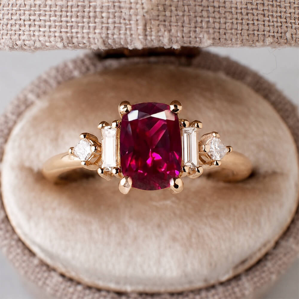 Classic Yellow Gold Cushion Cut Ruby Sapphire Engagement Ring