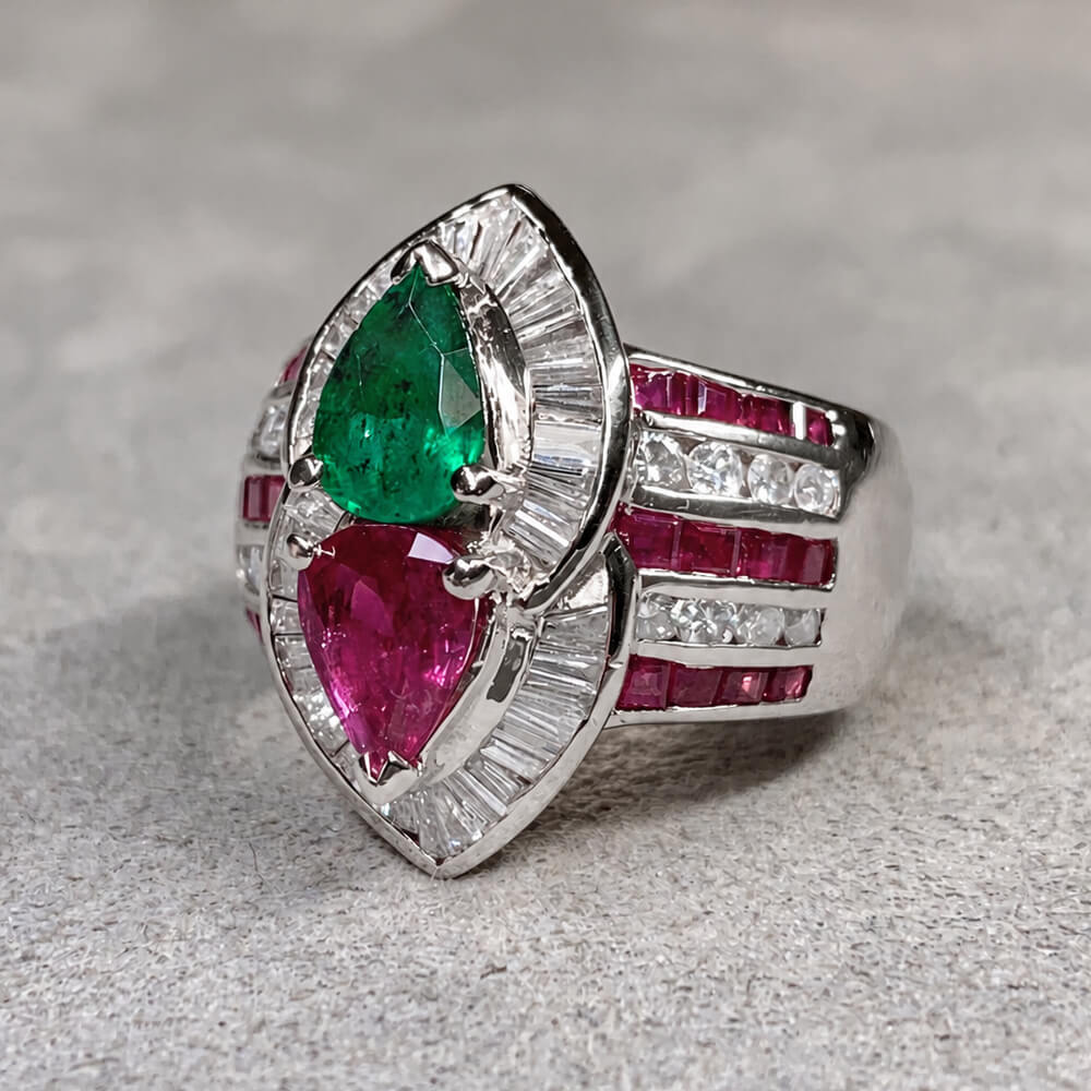 Unique Design Halo Pear Cut Ruby & Emerald Sapphire Engagement Ring