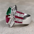Unique Design Halo Pear Cut Ruby & Emerald Sapphire Engagement Ring