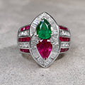 Unique Design Halo Pear Cut Ruby & Emerald Sapphire Engagement Ring
