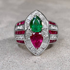 Unique Design Halo Pear Cut Ruby & Emerald Sapphire Engagement Ring