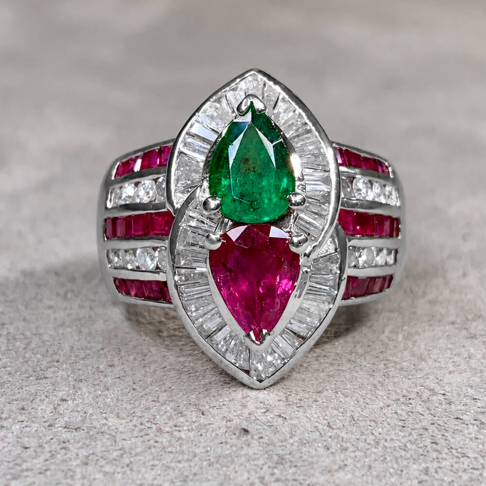 Unique Design Halo Pear Cut Ruby & Emerald Sapphire Engagement Ring