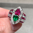 Unique Design Halo Pear Cut Ruby & Emerald Sapphire Engagement Ring