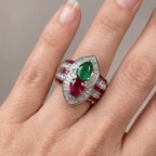 Unique Design Halo Pear Cut Ruby & Emerald Sapphire Engagement Ring