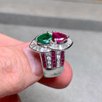 Unique Design Halo Pear Cut Ruby & Emerald Sapphire Engagement Ring