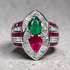 Unique Design Halo Pear Cut Ruby & Emerald Sapphire Engagement Ring
