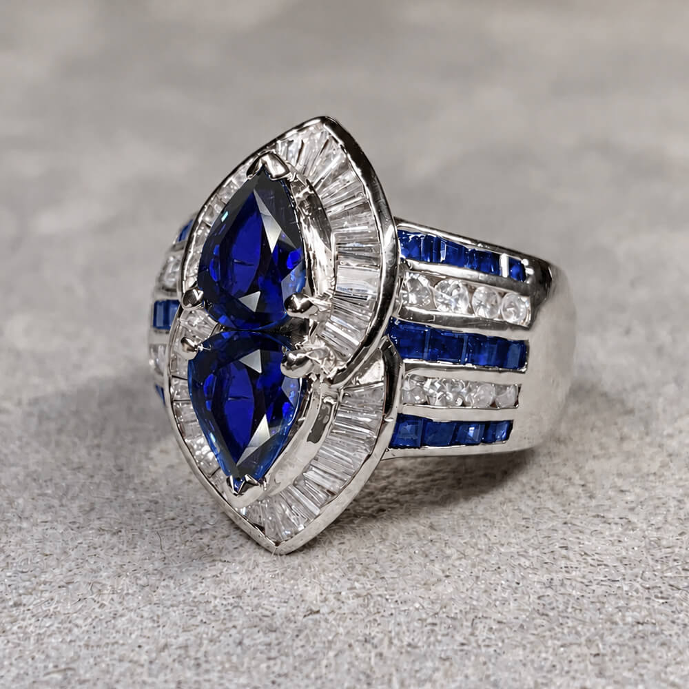 Luxury Jewelry Halo Double Pear Cut Blue Sapphire Cocktail Ring For Women