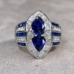Luxury Jewelry Halo Double Pear Cut Blue Sapphire Cocktail Ring For Women