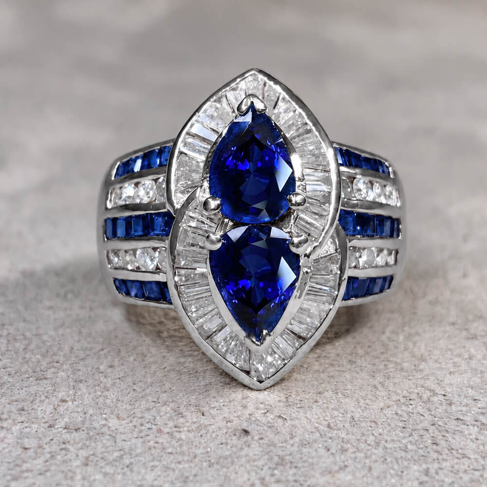 Luxury Jewelry Halo Double Pear Cut Blue Sapphire Cocktail Ring For Women