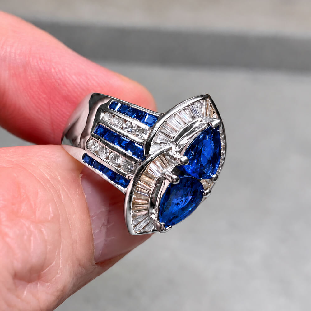 Luxury Jewelry Halo Double Pear Cut Blue Sapphire Cocktail Ring For Women