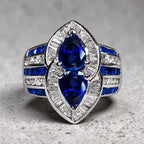 Luxury Jewelry Halo Double Pear Cut Blue Sapphire Cocktail Ring For Women