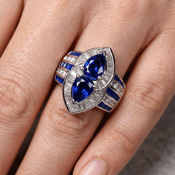 Luxury Jewelry Halo Double Pear Cut Blue Sapphire Cocktail Ring For Women