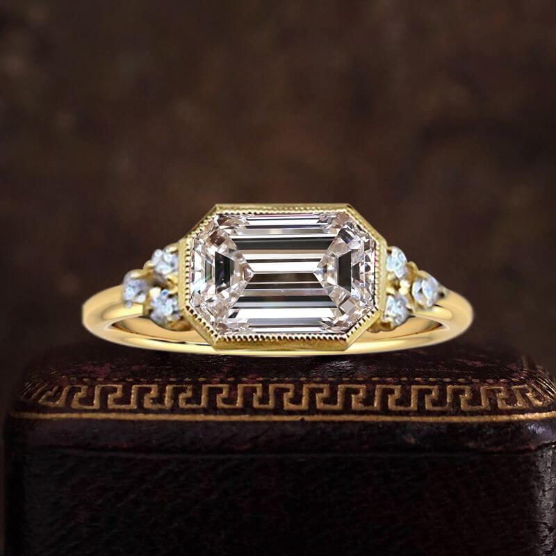 Classic Bezel Yellow Gold Emerald Cut White Sapphire Engagement Ring