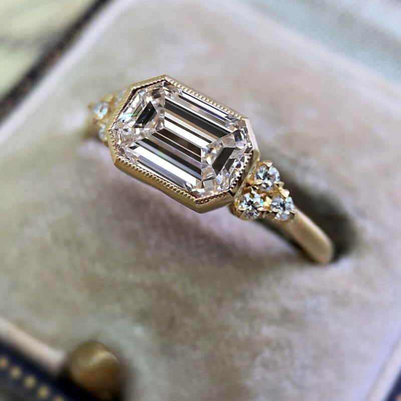 Classic Bezel Yellow Gold Emerald Cut White Sapphire Engagement Ring
