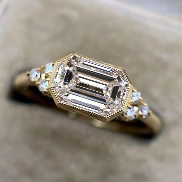 Classic Bezel Yellow Gold Emerald Cut White Sapphire Engagement Ring