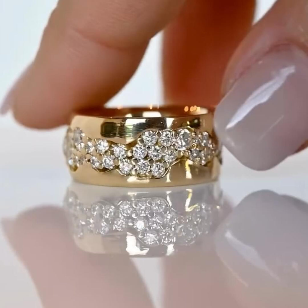 Unique Design Yellow Gold Round Cut White Sapphire Wide Cigar Eternity Wedding Band For Women